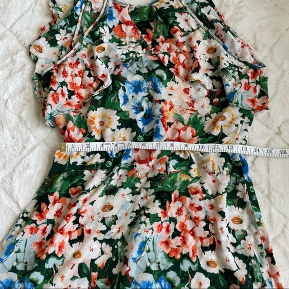 Zara Basic | Z1975 Denim Floral Halter Ruffle Sleeveless Mini Dress | Size Large - Picture 11 of 12